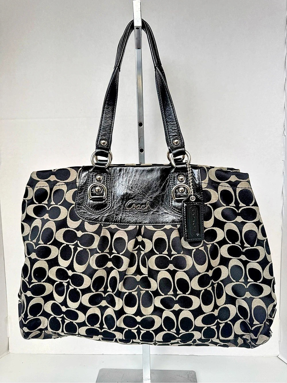 Coach Ashley F15510 Signature Black & Tan Purse Double Handle Carryall Bag
